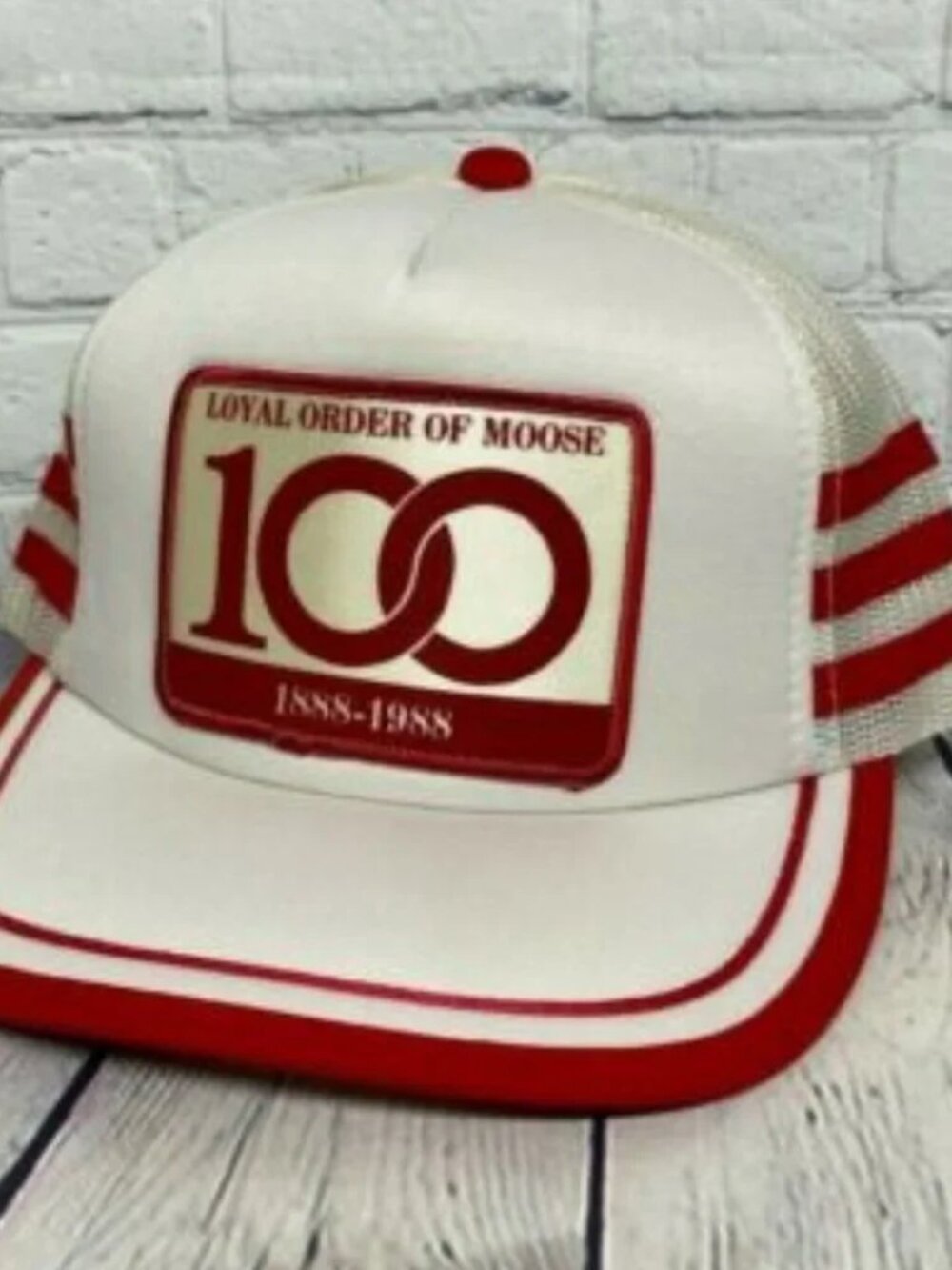 Vintage Centennial Trucker Hat Mesh Cap 3 Stripes Loyal Order of Moose 1898-1988